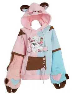 Pullover Hoodie w/Detachable Furry Sheep Paw Gloves Casual Fabric