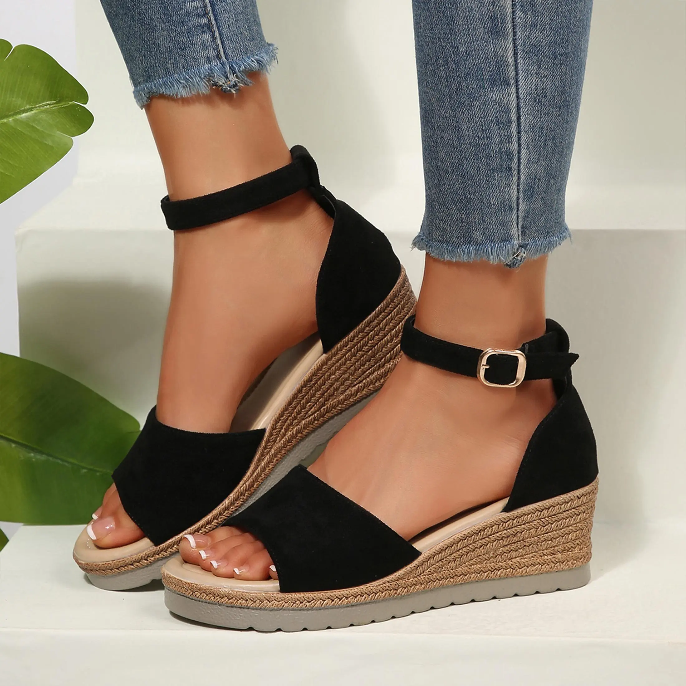 Women's Ankle Buckle Wedge Sandals Suede Open Toe Summer Beach Shoes