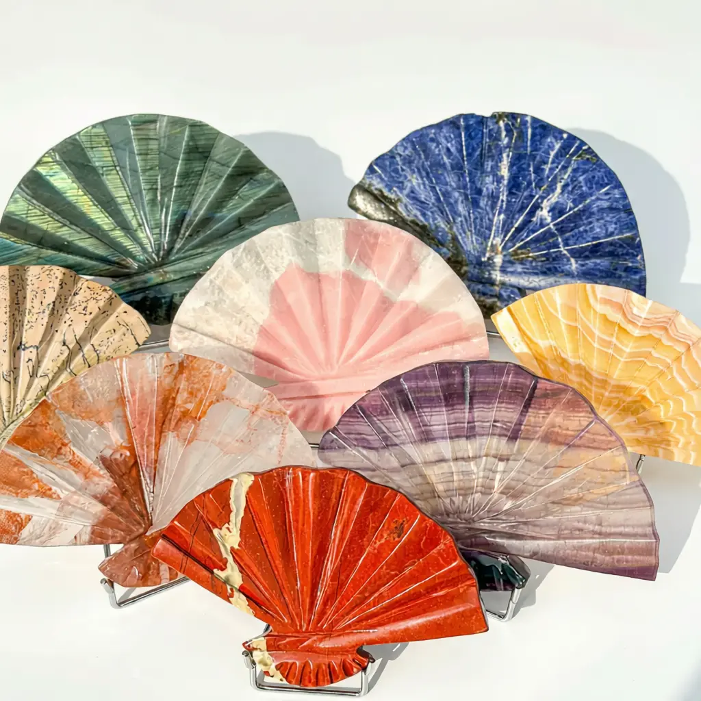 Natural Crystal Carved Fan Ornament with Metal Stand, Multi-Type Oriental Healing Stone Decor for Collection