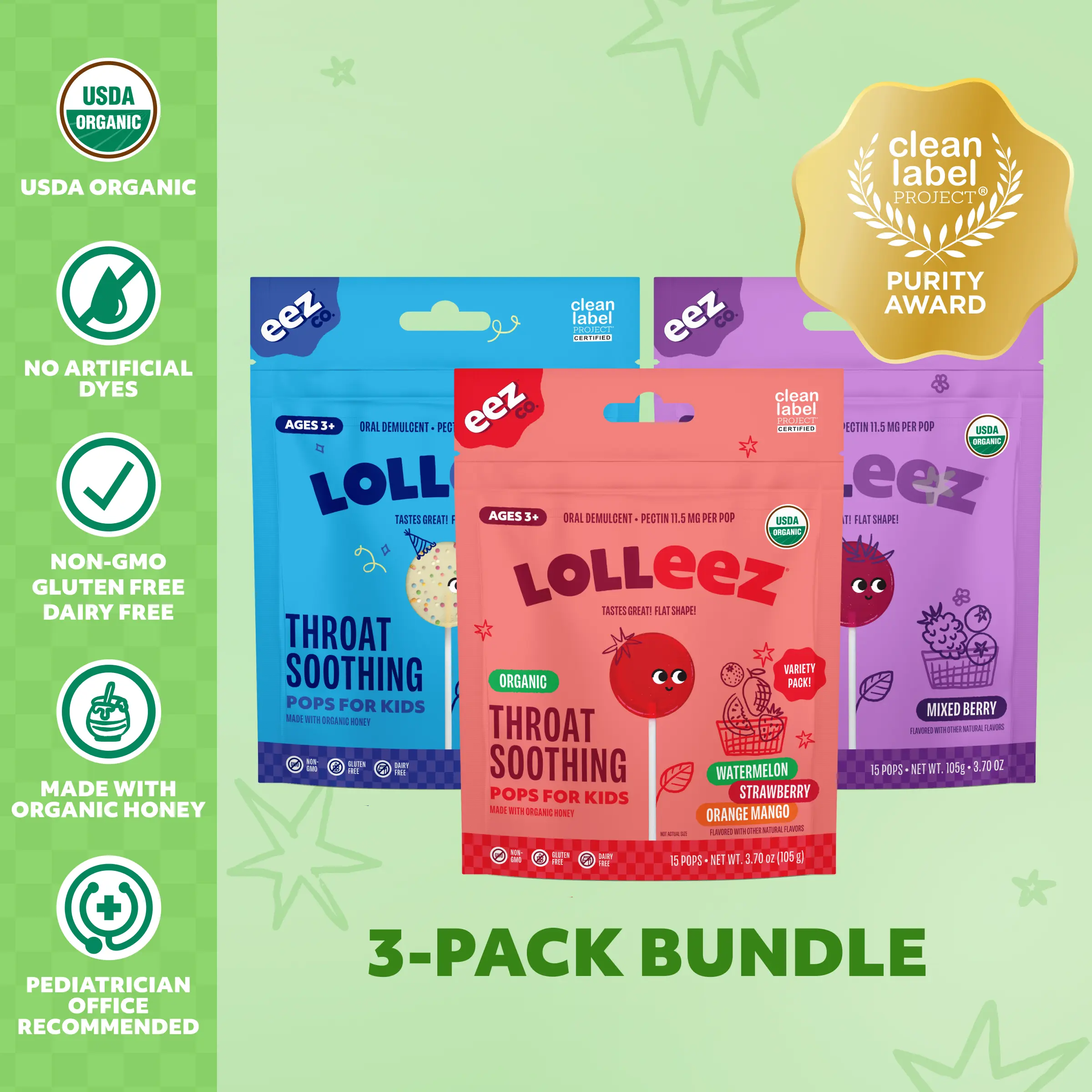 Lolleez Kids Organic Cold & Cough Natural Throat Soothing Flat Lollies Bundle