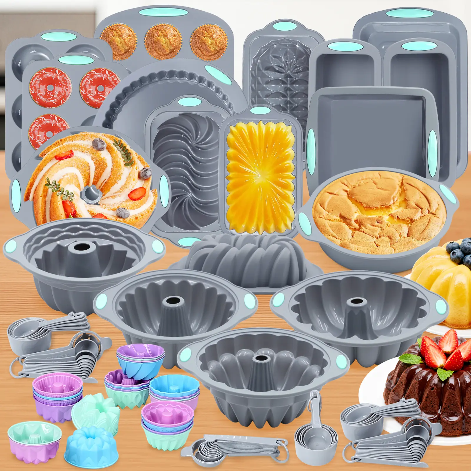 93/72/42 Pieces，Silicone Bakeware Set, Non-Stick Kitchen Oven Baking Pans, Silicone Cake Molds with Muffin Pan, Cookies Baking Sheet, Cake Pan, Donut Pan and Loaf Pan，Silicone Molds for Homemade Cake, Bread and Jello， Mother's Day Gifts，SummerVibes