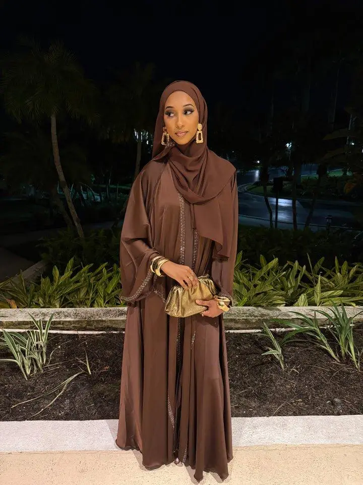 Aaliyah Brown Abaya Set - All Seasons Wearable Open/Closed Abaya with Matching Hijab & Belt - Comfortable Quality Material