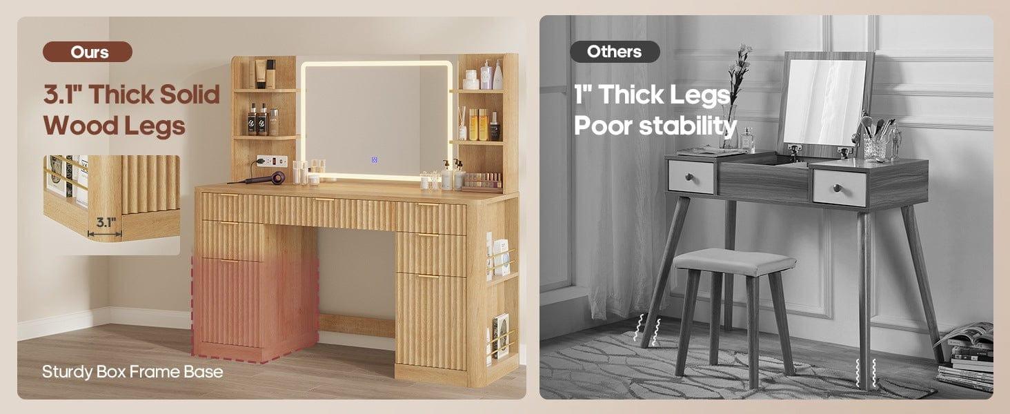 Sikaic 51.2" Fluted Makeup Vanity Desk with 30.3" Lighted Mirror, 5 Drawers, 6 Open Shelves & 2 Cabinets, Power Strip Included, Modern Oak Dressing Table with Solid Wood Legs for Bedroom