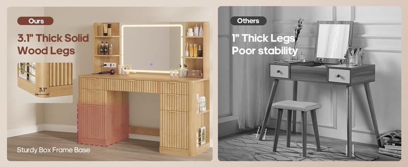 Sikaic 51.2 Inches Fluted Makeup Vanity with Mirror and Lights Modern Wood Dresser