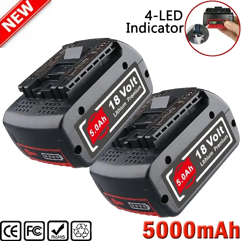 2-Pack 18V 5.0Ah Li-ion Cells Replacement Batteries with LED Display Screen - BAT609 for Bosch Cordless Drill-Powered Tools, Long Runtime, Wide Compatibility