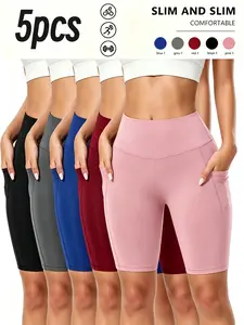 5pcs Women's High-waisted Shorts With Pockets - These Are Slimming And Sweat-wicking Workout Pants That Don't Show Any Lines. They Are Super Soft And Highly Elastic, Suitable For Running, Yoga And Other Exercises, As Well As Casual Wear
