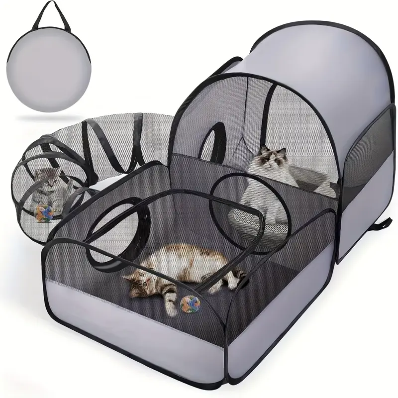 3-in-1 Small Cat Playpen - 360-Degree Tunnel Access, Soft Breathable Mesh, 1-Second Open, No Assembly, Compact Fold, Storage Bag, Durable Design, Indoor/Outdoor Pet Travel Accessory, Easy to Set Up, Convenient Transport, Great for Home, Camping & Travel
