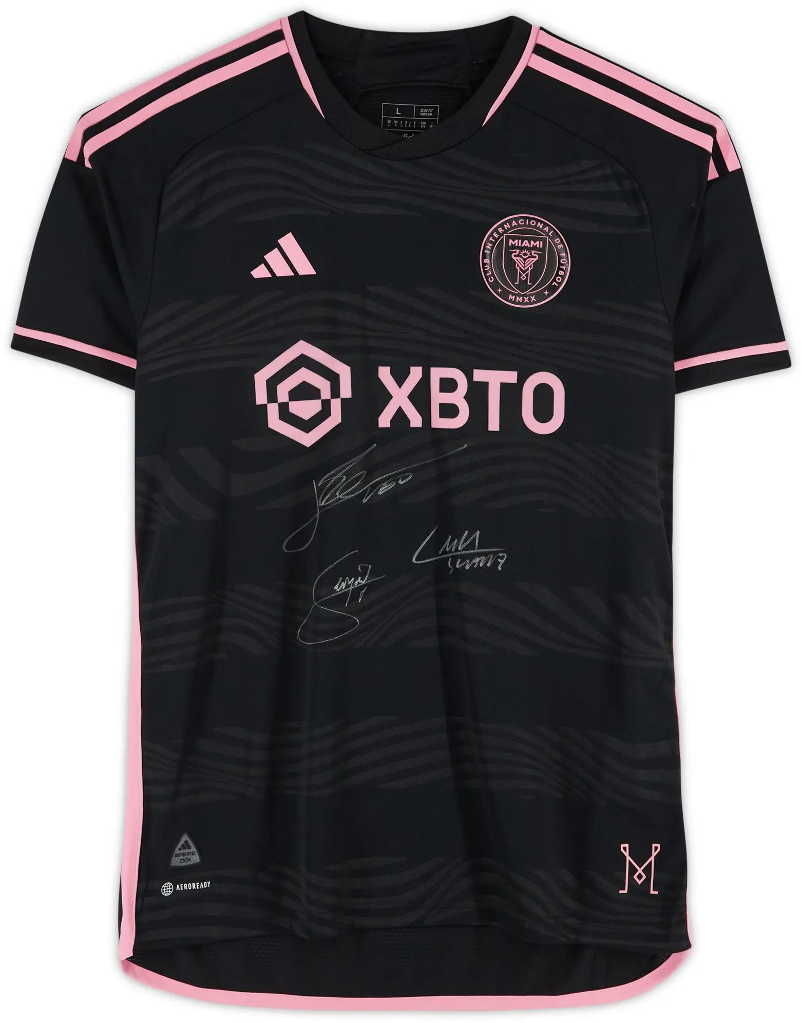 Lionel Messi, Luis Suarez, and Sergio Busquets Inter Miami CF Autographed 2023 Black Adidas Authentic Jersey - Front Signed - Fanatics Authentic Certified