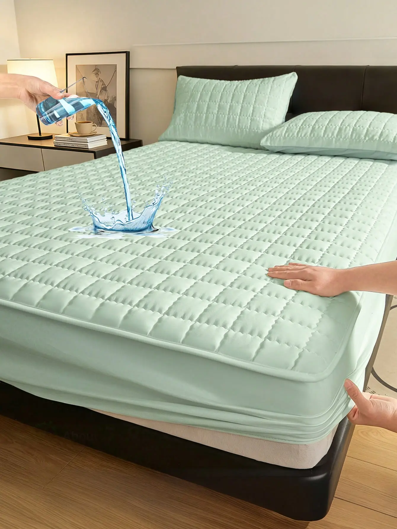 Polyester Fitted Sheet - Soft, Breathable, Wrinkle Resistant, Flat Weave, Waterproof Plaid with Elegant Green Curve Grid Print, Machine Washable, Bedroom Bedding Accessory
