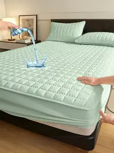 Polyester Fitted Sheet - Soft, Breathable, Wrinkle Resistant, Flat Weave, Waterproof Plaid with Elegant Green Curve Grid Print, Machine Washable, Ideal Bedroom Bedding Accessory