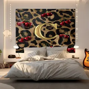 Leopard-Print Tapestry with Red Cherries and Gold Letter 'C', Digital Print Tapestry, Wall Hanging Tapestry for Living Room and Bedroom, Home Bedroom Decor, Unique Aesthetic Wall Tape for Modern Homes, Enhance Your Space with Beautiful Tapestry Art