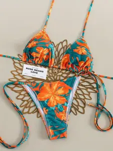 Tropical Print String Bikini Set for Women – 2 Piece Floral Swimsuit, Adjustable Tie Side, Boho Summer Beach Swimwear Vacation Outfit