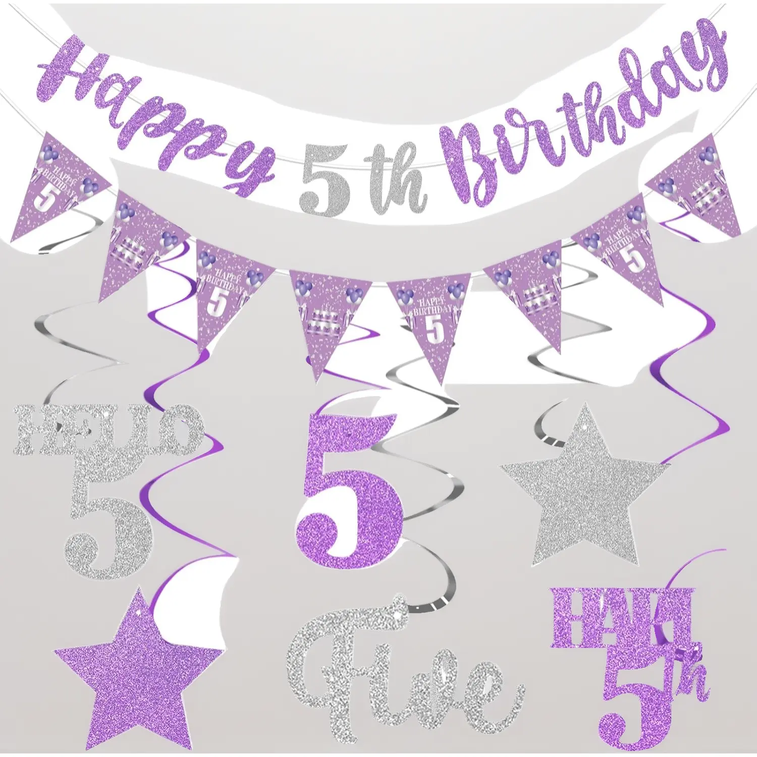 5th Birthday Party Decorations for Girls, Purple and Silver Star Theme Kit with Happy Birthday Banner, Foil Hanging Swirls, and Hello 5 Sign, Stars Pattern, 5 Years