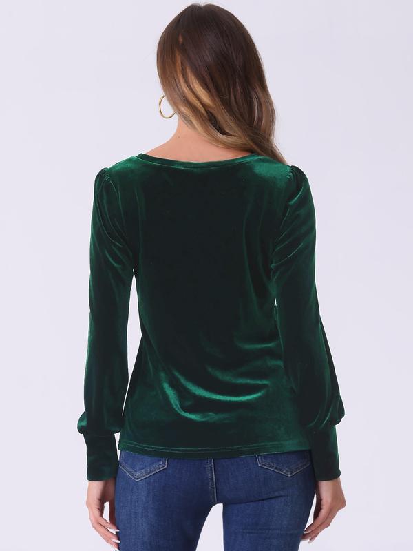 INSPIRE CHIC Women's Winter Velvet Blouse Round Neck Puff Long Sleeve Casual Pullover Blouses Top Dark Green