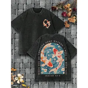 Christian Washed T-Shirt, Koi Patterned T-Shirt, Religious Culture T-Shirt, WHEN YOU GO THOUGH DEEP WATERS, I WILL BE WITH YOU "Conveys The Comforting Meaning Of God And Believers Being Together In Religio....C