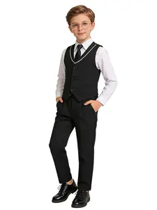 Boys 3-Piece Contrast Trim Vest Set | Vest + Pants + Tie | Black/Khaki/Brown | Preppy Formal Style | Fits 100-150cm | Perfect for Weddings, Birthdays, Performances & All Formal Occasions (No Shirt Included) -24102