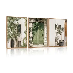 3pcs Vintage Italy City Landscape Canvas Wall Art Unframed, Minimalist Country Wall Decor, Nature Green Olive Tree Wall Painting, Malta Artistic Modern Art Prints for Living Room Bedroom Decor, Triple Canvas Painting