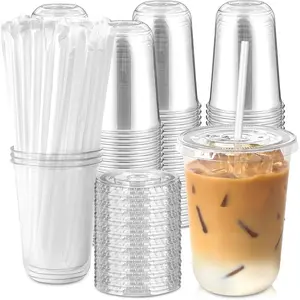 [100 Sets - 16oz Round Bottom Clear Plastic Cups with  and Straws, Disposable Iced Coffee Cups with  To Go Cold Drink Cups for Smoothies, Juices, Party Catering