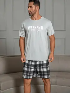 Men's Summer Sleepwear Set, Soft Comfortable Letter Print Short Sleeve T-Shirt, Plaid Shorts, Casual Loungewear