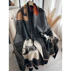 Boho-Style Colorful Horse & Plaid Pattern Shawl, Casual Soft Warm Long Scarf, Textured Blanket Scarf for Fall & Winter, Fashion Accessories for Women & Men