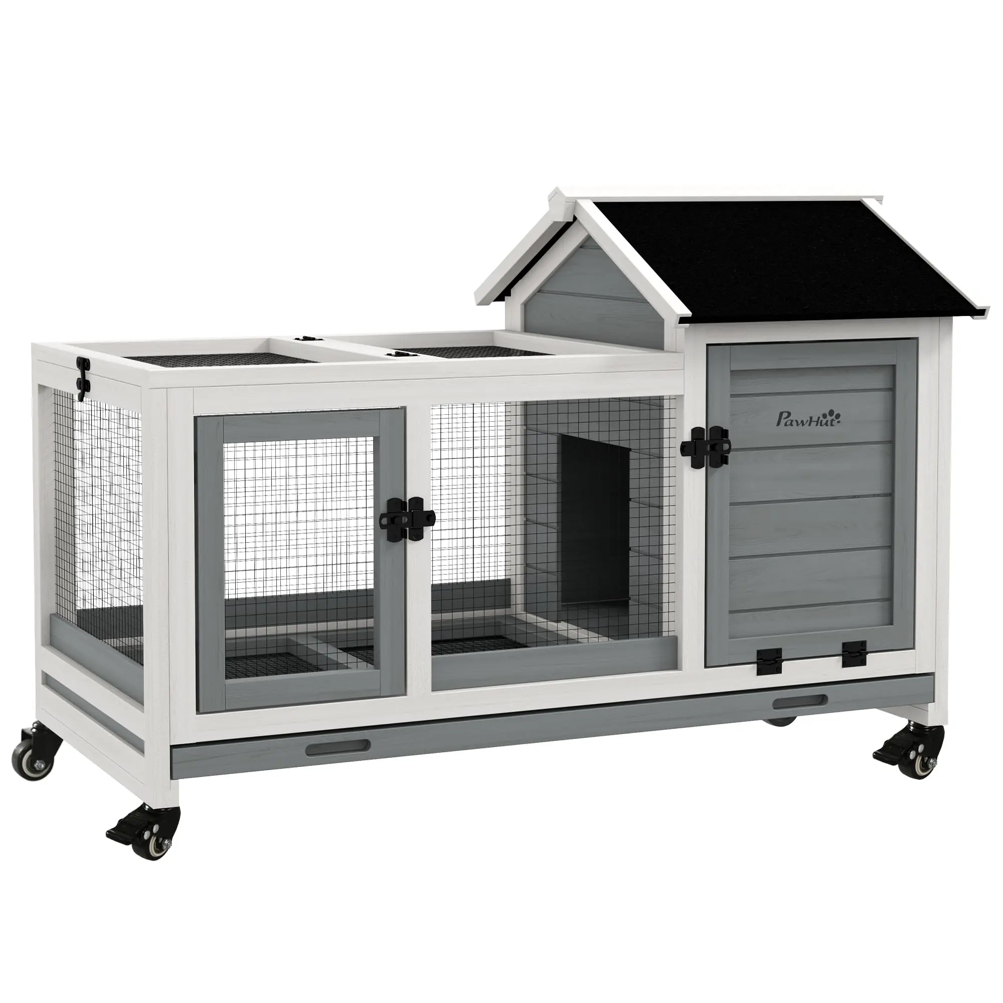 Solid Wood Collapsible Chicken Coop & Rabbit Hutch with Wheels, Run Space, Slide-Out Tray for Indoor-Outdoor Small Animals (Rabbits, Guinea Pigs)
