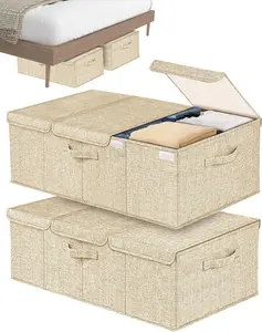 Deep Under Bed Storage Container, 10" Tall Height Underbed Box Bin with Lids 31" Long Large Basket for Under Bed, Bedroom, Dorms, Clothes, Bed sheets, Blankets, 2 Pack, Beige