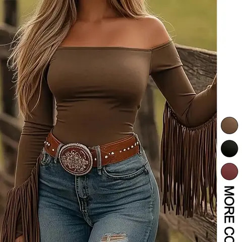 Women's Long Sleeve Knit T-Shirt Fit, One Shoulder Design with Fringe Detail, Perfect for Spring Outdoor Activities & Casual Wear, Casual Fitted Knitwear, Knitwear, Lady Tops, Womenswear, Style