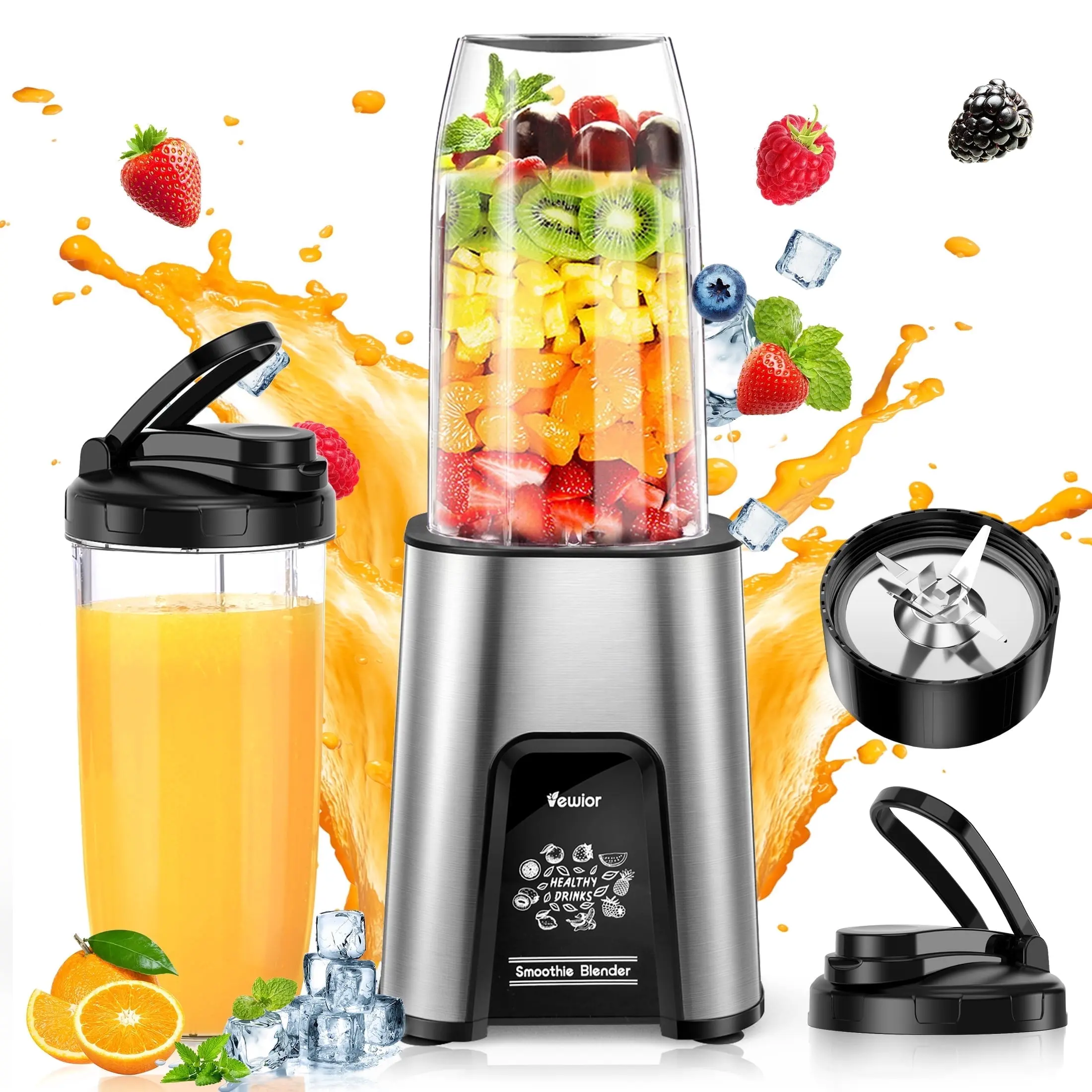Personal Kitchen Blender for Shakes, Protein Drinks, 2 x 22Oz Lidded Smoothie Cups