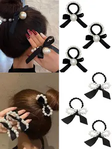 6pcs Faux Pearl Decorated Bow Hair Tie, High Stretch Ponytail Holder, Simple and Elegant Hair Accessories for Women