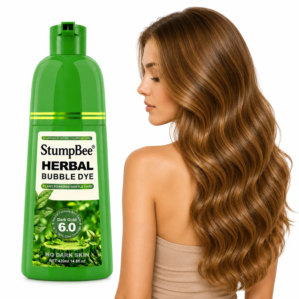 StumpBee 3-in-1 Hair Color Shampoo - 420ml, Ammonia-Free, Gray Coverage, Ginseng Extract, Natural Coloring, Long-Lasting Hair Care Solution