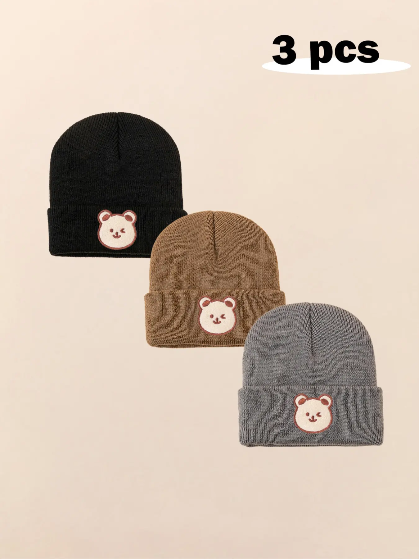 3pcs Baby Cute Beanie Hat Set, Infant Newborn Toddler Hats Winter Warm Knitting Beanie Knitted Cap, Casual Letter Pattern, Fall & Winter Outdoor Accessories Beanies