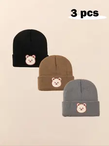 3pcs Baby Cute Beanie Hat Set, Infant Newborn Toddler Winter Warm Knit Cap, Casual Letter Pattern, Fall & Winter Outdoor Accessories