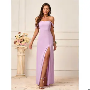 Guest Prom Elegant ) Dress Shoulder Solid tiktok Belle Color Off Slit Bridesmaid ( Adult Formal Evening Wedding Gown For Graduation Dinner