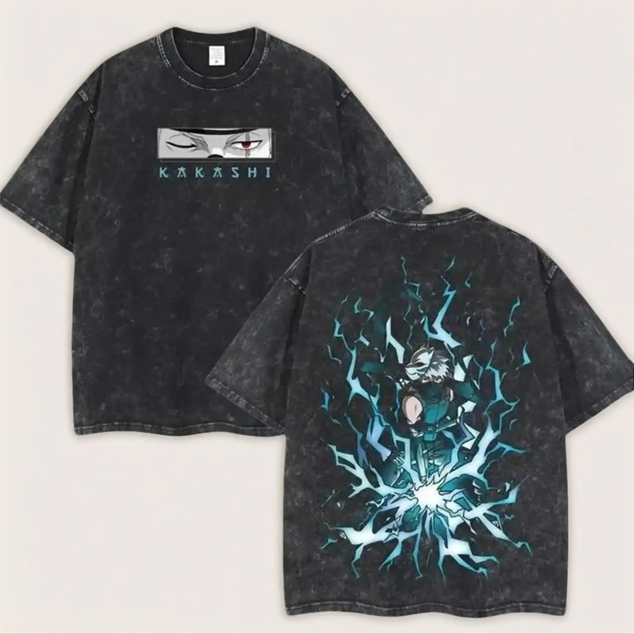 Unisex Retro Limited Edition Copy Ninja Sharingan Kakashi Naruto Anime Double-Sided Print Oversized Washed Short-Sleeve Round Neck Streetwear Cotton Top Lightweight Acid-Washed T-Shirt Ideal Gift for Anime Fans Crewneck Tshirt Menswear Man