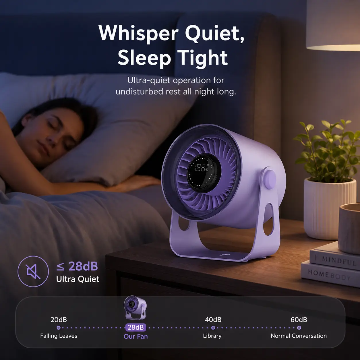 White Noise Fan for Sleeping - 15dB Ultra Quiet Bedroom Fan for Nightstand, 100-Speed Rechargeable Personal Fan, Gentle Breeze Sleep Aid