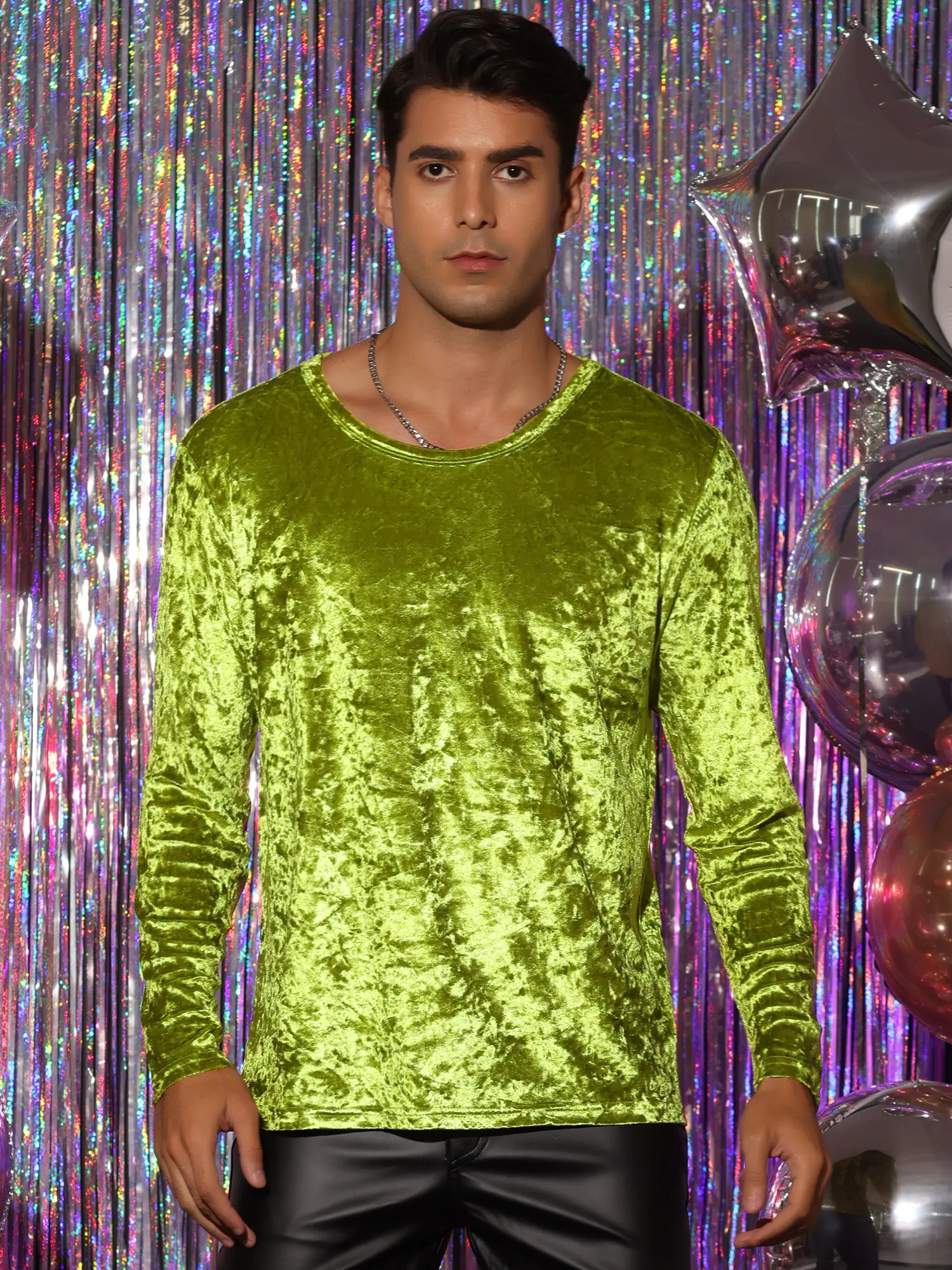 INSPIRE CHIC Velvet Shirts for Men's Vintage Classic Crew Neck Long Sleeve Velour T-Shirts