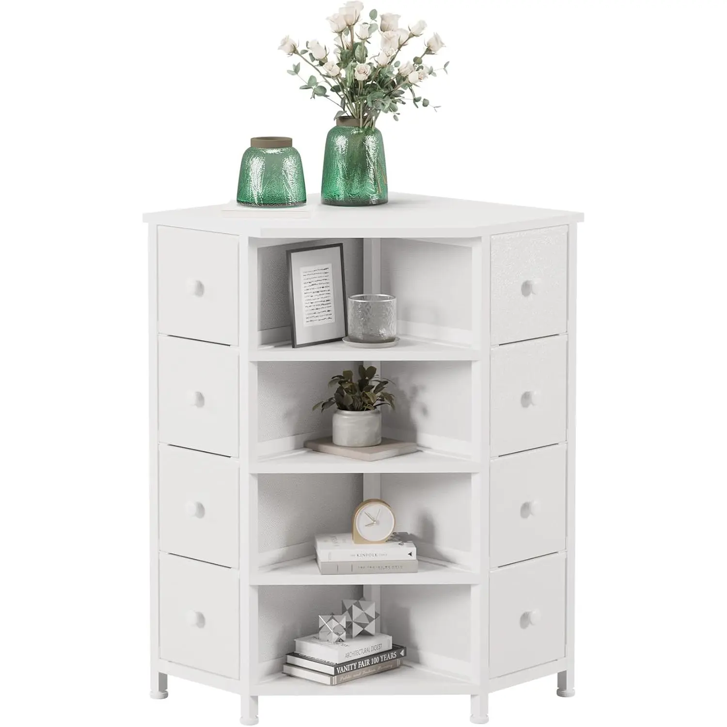 8 Drawers Corner Dresser with Storage Fabric Drawers and Open Shelves for Small Space,Bedroom,Entryway,Living Room (White)