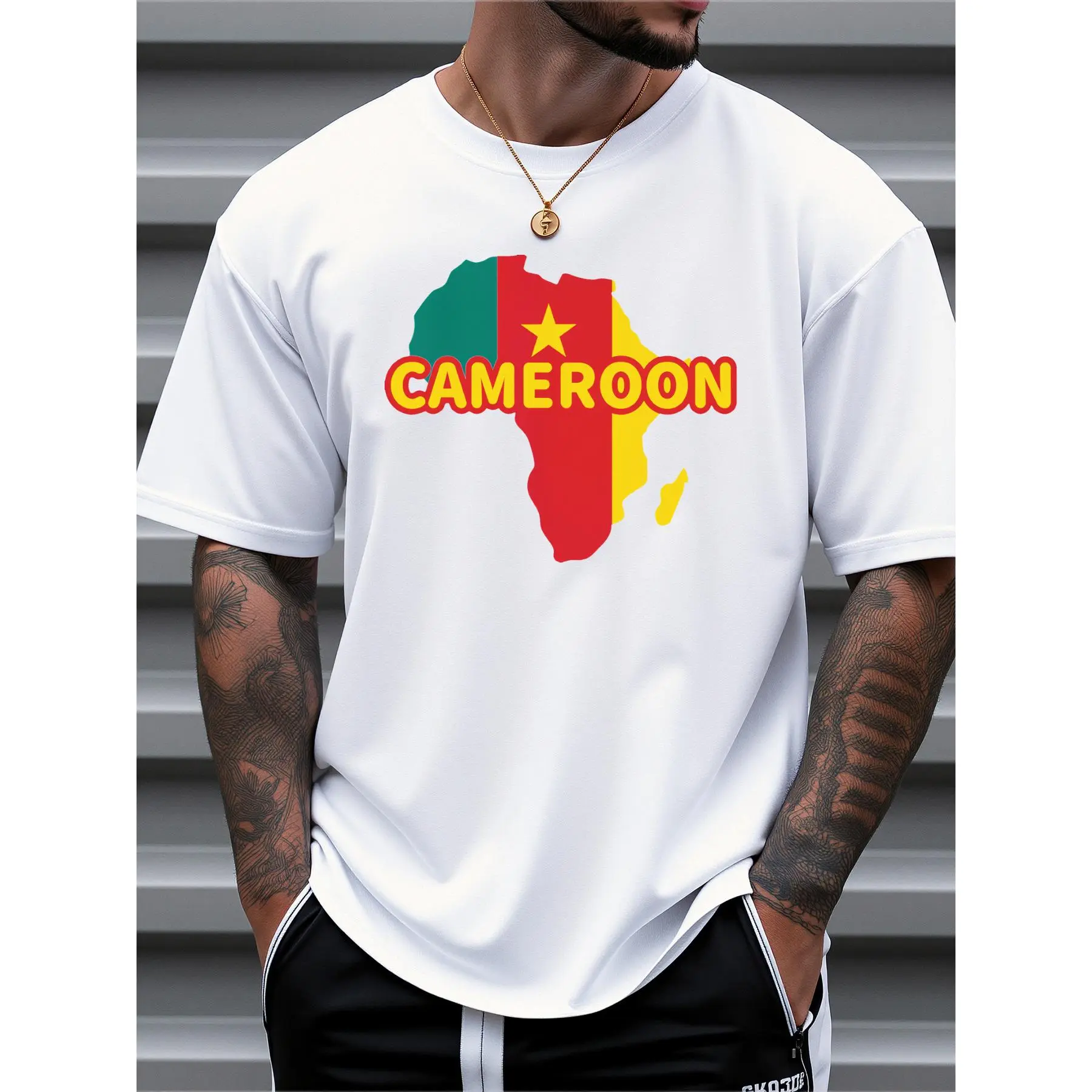Men's Cameroon Flag Map Graphic T-Shirt - 100% Cotton Comfort Fit Short Sleeve Tee for Sports Fans, Summer Casual & Outdoor Wear - Patriotic Gift Idea, Machine Washable Shirt