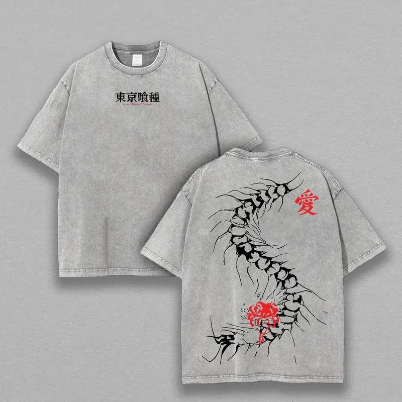 Limited Edition Centipede Kaneki Ken - Tokyo Ghoul Anime Double Printed Oversize Lightweight Acid Washed Graphic Tee, Gift For anime lover Tokyo Ghoul Vintage Distressed Oversize T-Shirt | Kaneki Ken Kagune "Love" Graphic Anime Streetwear Tee
