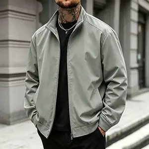 Men's Classic Bomber Jacket with Stand Collar, Plain Long Sleeve Lightweight Windbreaker for Casual Daily Streetwear