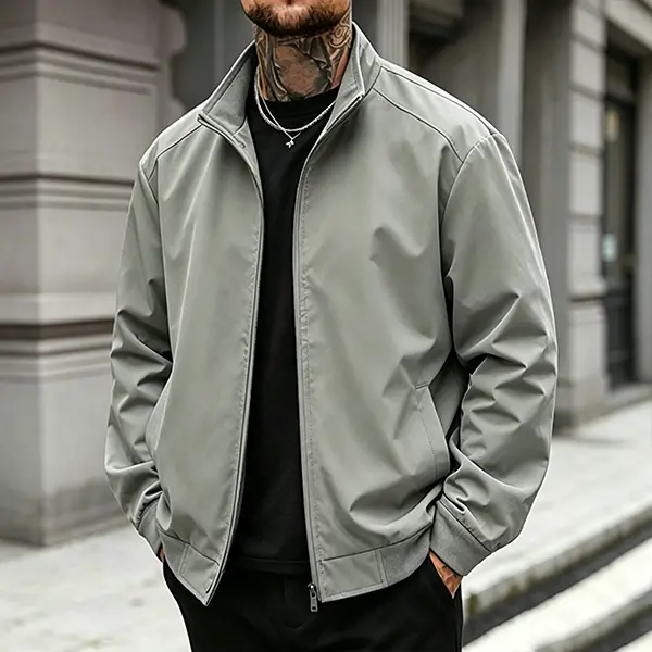 Men's Classic Stand-Collar Bomber Jacket Plain Long-Sleeve Lightweight Windbreaker for Casual Daily Wear, Coats, Longsleeves