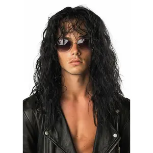Men’s 80s Wig Black Long Curly Wig Rocker Costume Wig