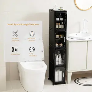 4-Tier Tall Narrow Storage Cabinet Slim Bathroom Organizer with Adjustable Shelves and Wheels White Finish for Small Spaces 32cm x 21cm x 127cm