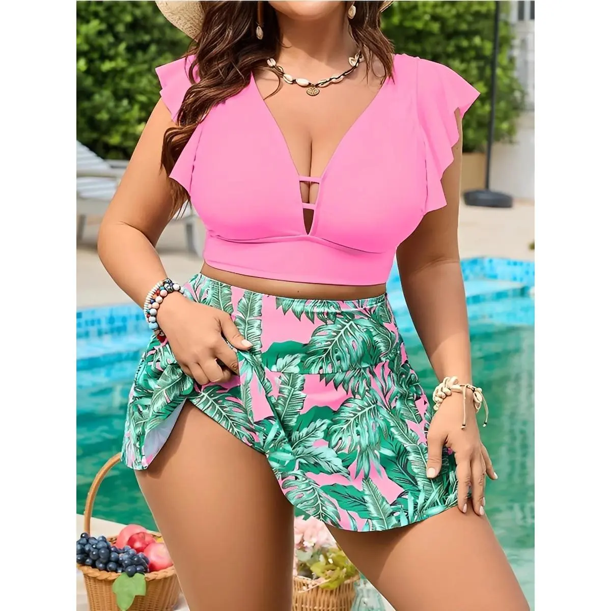 Women's Plus Size 2-Piece Skirted Bikini - Pink Ruffle Short-Sleeve Cutout V-Neck Crop Top, Green Tropical Leaf Print High-Waist Tummy Control Swim Skort for Beach, Pool | Women's Swimsuits, Plus Size Swimsuits #CurvySwim #SummerBeach
