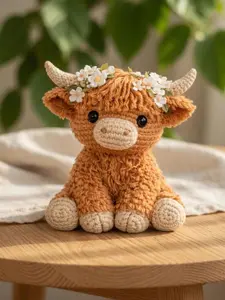 Highland Cow Crochet Plush, Cute Cow Amigurumi Doll, Floral Cow Stuffed Animal, Handmade Farmhouse Decor, Baby Shower Gift