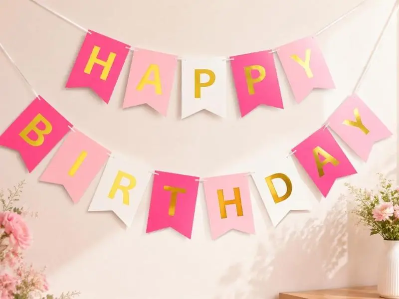 Letjolt Pink Rose White Happy Birthday Banner for Girls 13 Paper Flags | 13 flags with 2 satin ribbons easy indoor birthday decor for cake tables walls and photo backdrops