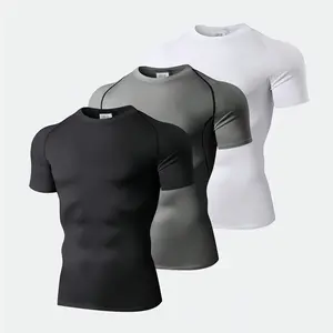 3 Pack Men's Workout T Shirts Compression Athletic T-Shirts For Men Active Stretch Breathable Moisture Wicking Soccer Tops For Football Gym Outdoor Sports