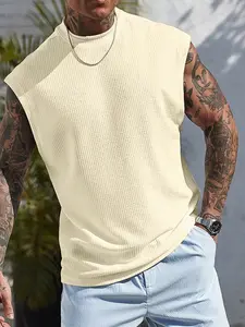 Men's Soft Waffle Knit Vest Top, Sleeveless Mock Neck Design, Sporty Casual Style, Long Slim-Fitting, Ideal for Sports and Daily Wear