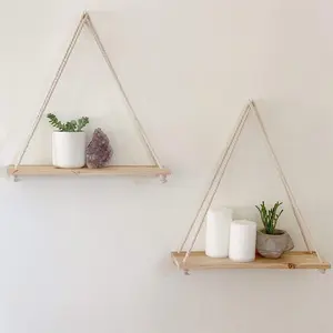 Handmade Woven Hanging Shelves Set, Bohemian Wall Decor, Rustic Wooden Floating Storage Rack, Wooden Wall Shelf, Perfect for Bedroom, Bathroom, Living Room