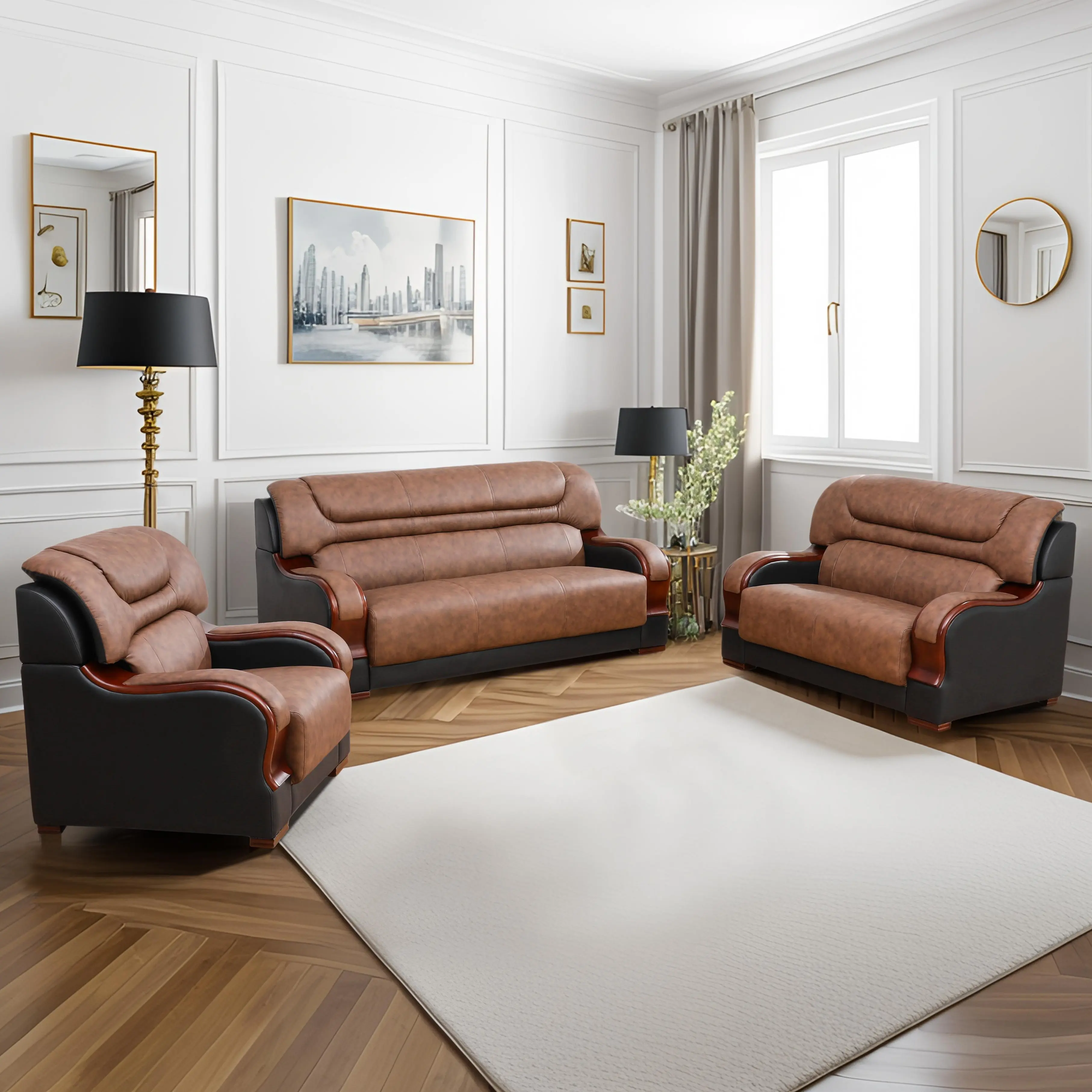 6-Piece Light Brown Breathable Leather Reclining Combination Sofa Set - Sturdy Contemporary Sectional Indoor Living Room Furniture, Coffee-Toned Lounge Sofa, Leather Reclining Sofa